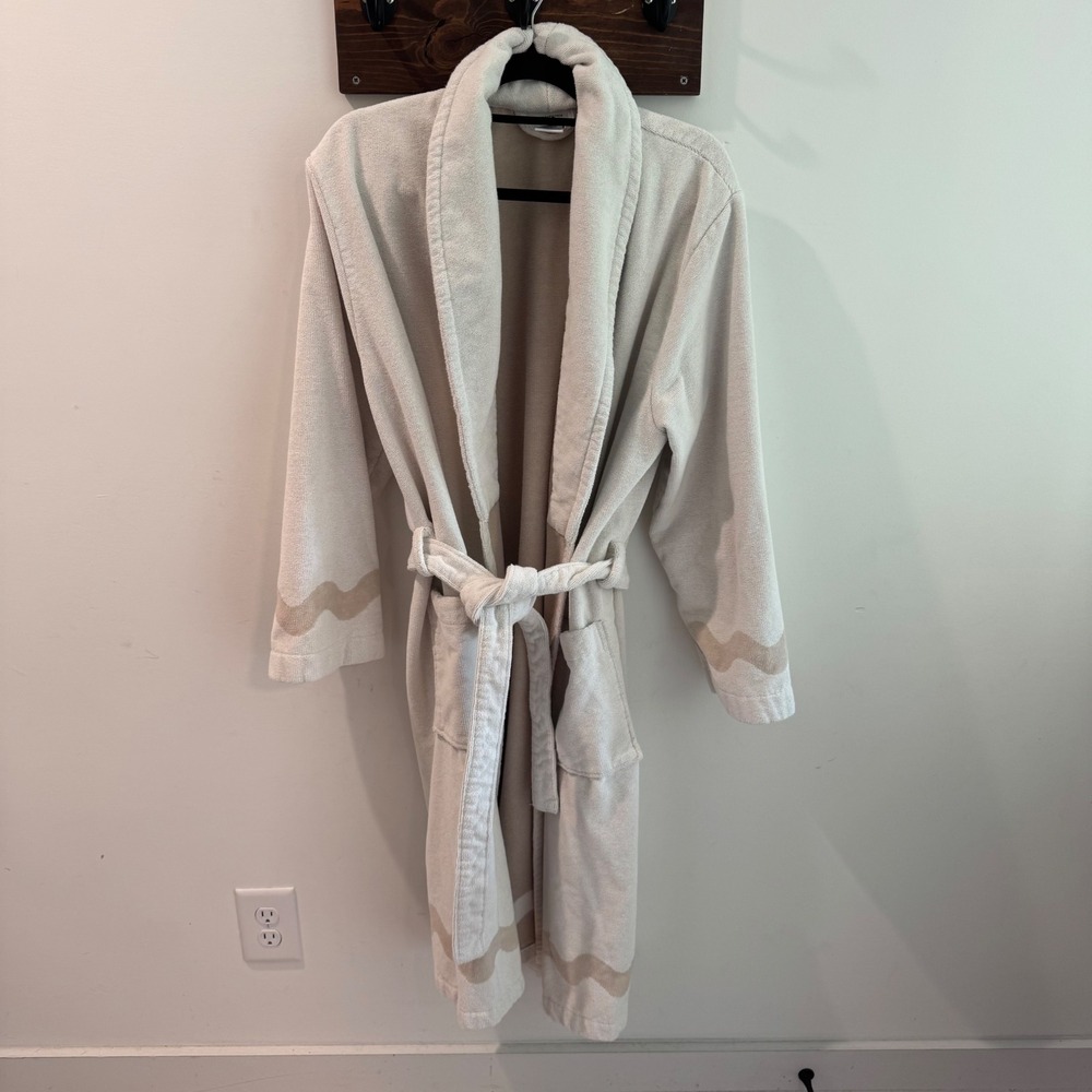 By Anthropologie Cotton‎ Terry Cloth Robe Cream Tan Wavy Scalloped Border L/XL